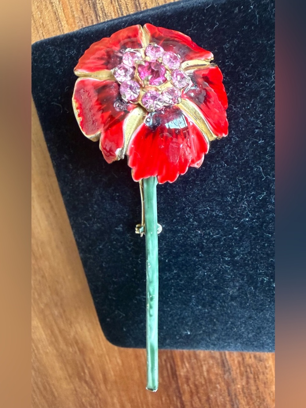 Sandor Red Poppy Flower Brooch with Pink Rhinestone Center Metal Pin